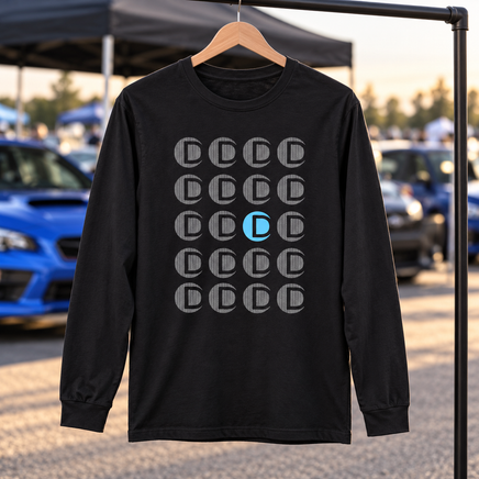 Black long-sleeve tee with the Dotson D-logo grid and one blue accent logo on the front.